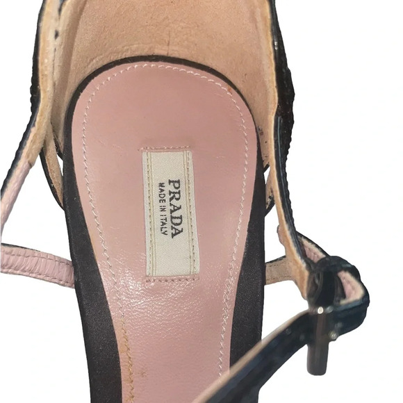 PRADA Black Satin Concho Wedges Sandals Size 5.5 - Picture 2 of 10